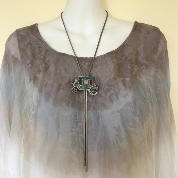 Stagecoach Bolo Tie Western Silver-tone Bola Chain Faux Turquoise Stones - Picture 2 of 5